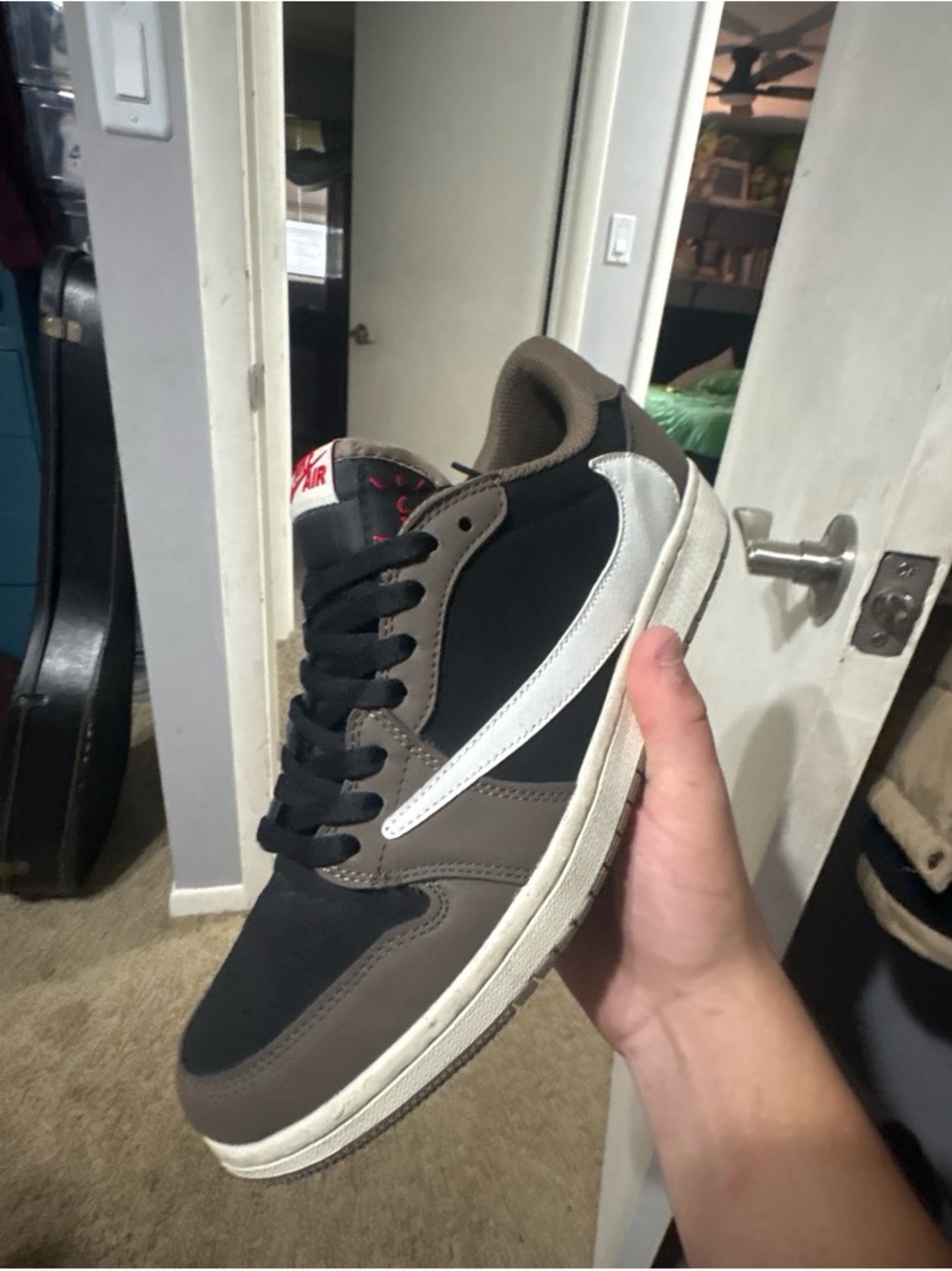 Jordan Low Top Sneaker in Black & Brown with White Swoosh